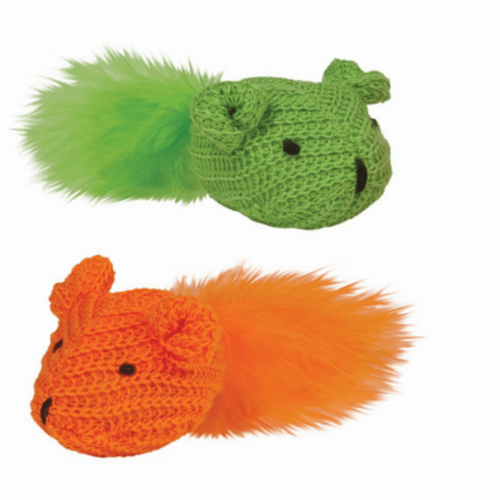 Knit Mouse Toys with Feathers - Set of 2